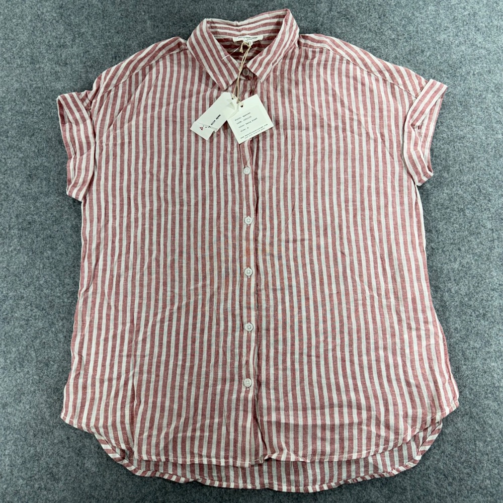 Beachlunchlounge Spencer Linen Blend Striped Short Sleeve Shirt Berry Blast M